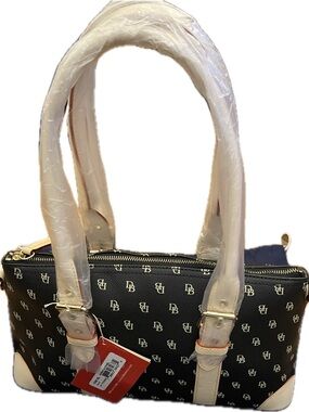 Dooney & Bourke Black Logo Satchel with Cream Trim